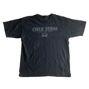 Cinch Denim Mens Black Graphic Tshirt Sz XL Distressed Faded Crew Neck Spell Out